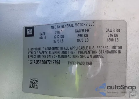 2010 Chevrolet Cobalt Lt z USA, uszkodzony, nr VIN 1G1AD5F50A7212794